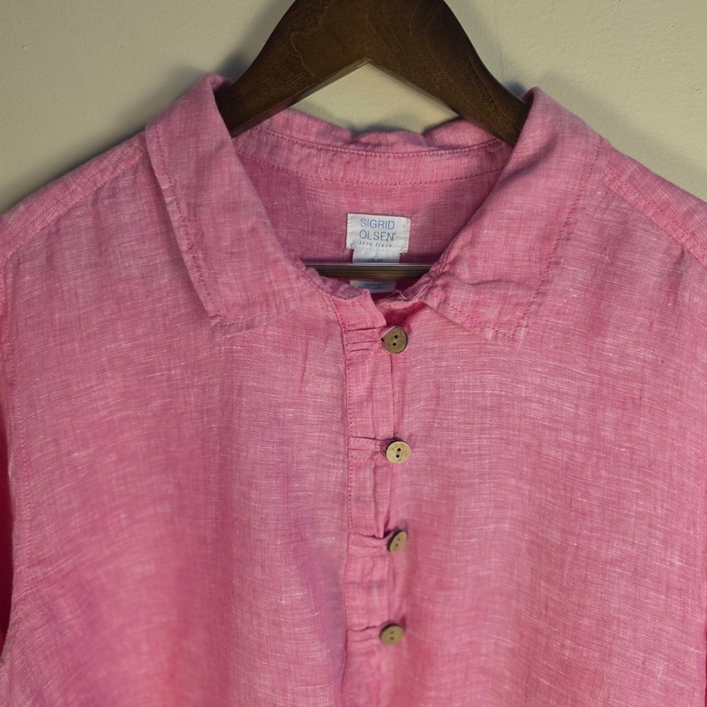 Sigrid Olsen Linen Henley Top Womens 2X Pink Roll Tab Sleeve Summer Coastal - Picture 3 of 12